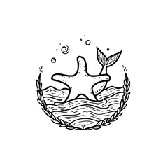 Sea star embraced by wave crest and whale tail in a sea flora frame handrawn art illustration