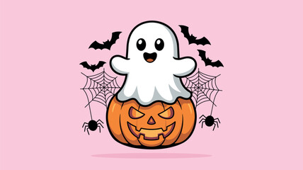 Ghost on jack-o-lantern with bats and spiderwebs on pink background