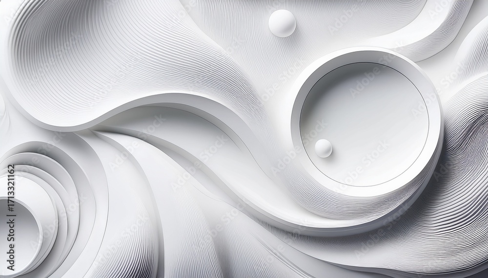 Wall mural abstract white background with round shapes and fluid waves design