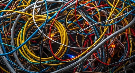 A close-up shot of a chaotic tangle of colorful electrical and data cables, creating a complex and disorganized network of wires.