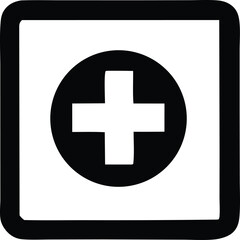 Simple white plus symbol inside black circle within rounded square icon representing healthcare medical aid addition