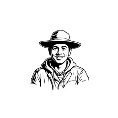 Smiling adventurer portrait: A monochrome illustration of an outdoorsy individual showcasing a hat