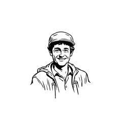Smiling worker illustration: A detailed monochrome portrait of a cheerful person in work attire