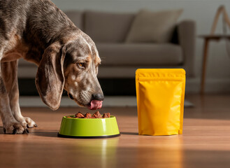 A dog is eating from a green bowl