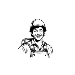 Smiling worker in hard hat and overalls with backpack illustration displaying happiness and