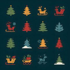 Obraz premium Vintage collection of Christmas tree and Santa's sleigh icons with a retro grunge texture for holiday design