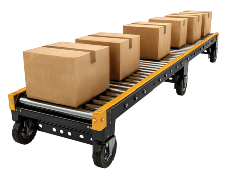 Row of cardboard box on conveyor system for efficient material handling. smooth logistics and distribution process in warehouse for shipping and delivery