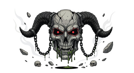 Demonic Skull with Horns Glowing Eyes and Dripping Green Slime.