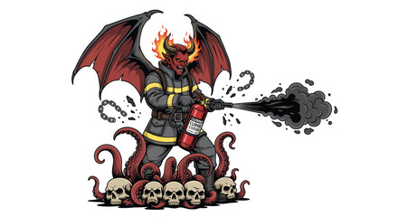 Fiery Devil Firefighter Extinguishing Infernal Octopus Amidst Skulls.