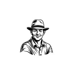 Vintage engraved style portrait of smiling man with hat illustration black and white art work