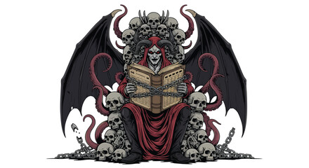 Horned Reaper Enthroned on Skulls Reading a Chained Book with Bat Wings.