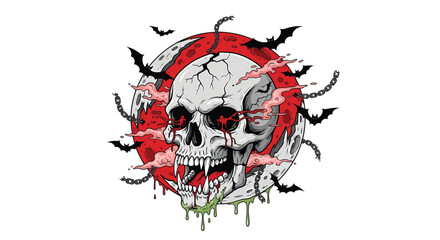 Cracked Skull with Red Eyes Blood Bats and Chains Against a Red Moon.