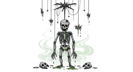 Cartoon Skeleton Puppet with Red Eyes and Spiked Ball Ornaments.