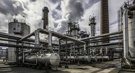 Extensive industrial complex featuring a dense network of pipes, large storage tanks, and tall chimneys under a cloudy sky, showcasing heavy industry and energy infrastructure.