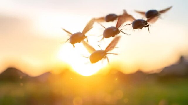 Sunset Flight of Bumblebees in a Field