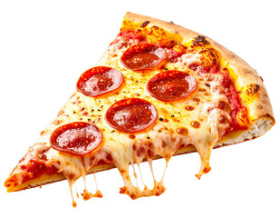 Cheesy Pepperoni Pizza Slice with Dripping Mozzarella Cheese Isolated on Transparent Background