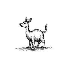 Whimsical creature illustration featuring stylized donkey standing with a simple black and white
