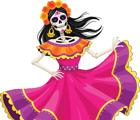 Vibrant Catrina skeleton dances in colorful dress, celebrating Day of the Dead traditions with flair