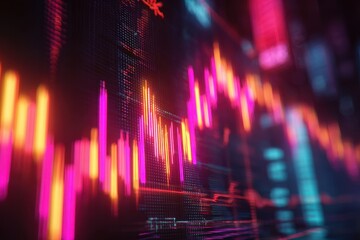 Abstract Neon Financial Data Visualization, Glowing Lines, Dark Background.