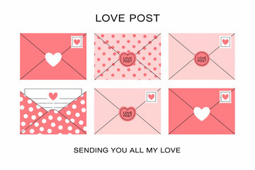 An assortment of charming envelopes and postcards designed for love letters, featuring delightful patterns and heartfelt sentiments in soft pastel colors.