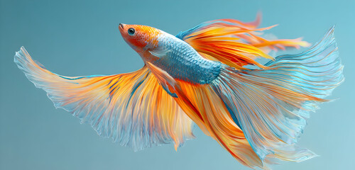 Graceful betta fish with vibrant orange and blue fins swimming serenely in a tranquil blue aquarium, bringing a touch of underwater beauty and peacefulness to any project or design