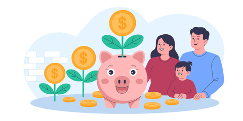A playful family with a cute piggy bank and coins, representing the cheerful notion of saving for the future while fostering family values and joy in finances.