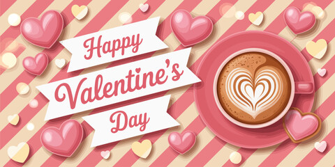 This stylish Valentine’s Day image features a cup of coffee with a heart motif, surrounded by playful heart candies, offering a cozy and romantic atmosphere for the celebration.