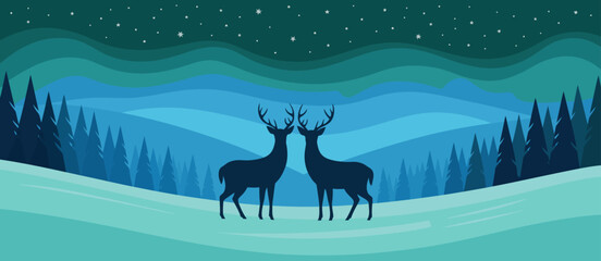 This serene winter landscape image features two majestic reindeer silhouettes against a blue gradient backdrop, capturing the stillness and beauty of the snowy wilderness.