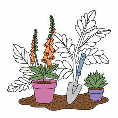A charming display of stylized potted plants and a shovel highlights the beauty of gardening, representing creativity, nurturing and the joy found in nature's bounty.
