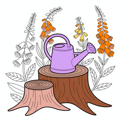 A delightful illustration showcasing a purple watering can set on tree stumps, surrounded by lush blooming flowers, capturing the beauty of a serene garden.