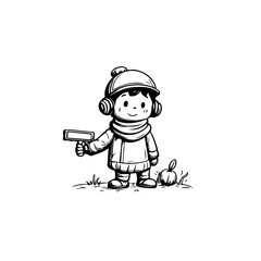 Whimsical illustration of a child ready for winter adventure exploring the outdoors with playful