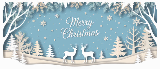 A serene winter scene featuring reindeer, snowflakes, and pine trees, beautifully designed in a paper-cut style, creating a festive atmosphere for Christmas.