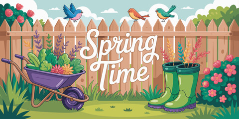 This illustration showcases a vibrant spring garden, highlighted by a wheelbarrow filled with flowers, colorful birds, and green boots, embodying the essence of spring.