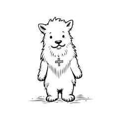 Whimsical illustration of a fluffy creature with a cross pendant offering charm and innocence