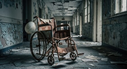 Eerie stillness: an old wheelchair sits amid decay in an abandoned asylum hospital corridor