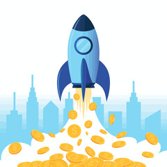 This dynamic scene features a colorful rocket blasting off, releasing a cascade of coins, offering a visual narrative of ambition and the potential for financial well-being.