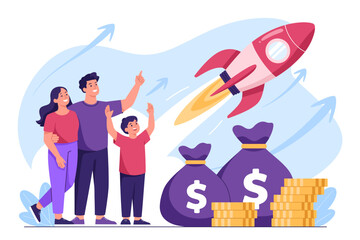 A joyful family watches a rocket launch, symbolizing ambition and financial success, surrounded by money bags and gold coins, highlighting prosperity and excitement.