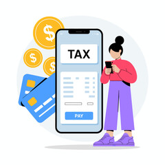 A modern illustration showing a smartphone interface for tax payment with digital coins and credit cards, emphasizing convenience in online transactions for users.