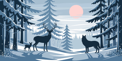 A minimalistic winter landscape showcasing a majestic stag and a wolf standing together, framed by snow-covered trees and a soft pink sun illuminating the serene environment.