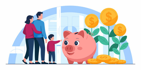 The image features a family standing beside a cheerful piggy bank, symbolizing savings, financial planning, and the importance of teaching children to save money for the future.
