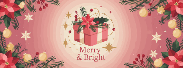 A cheerful Merry Christmas design showcasing a beautifully decorated gift box surrounded by vibrant red flowers and pine elements, evoking a sense of holiday joy and warmth.