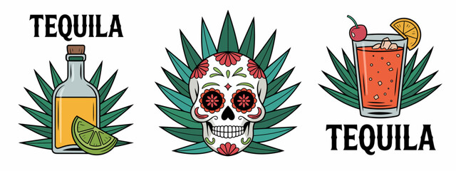 A vibrant tequila logo featuring a sugar skull, a beverage glass, and a lime slice, reflecting the cultural significance and festive allure of tequila in a modern style.