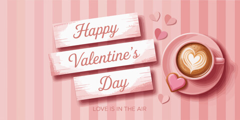 This image captures the warmth of Valentine's Day with a cup of coffee topped with heart art, accompanied by a pink cookie, ideal for romantic celebrations and greetings.