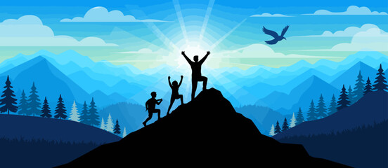 An image depicts climbers at the peak of a mountain, with one raising arms in triumph, embodying victory and the exhilaration found in personal achievements and challenges faced.