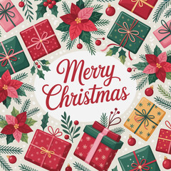A vibrant Christmas greeting card featuring festive decorations, gifts, and holiday spirit to convey warm wishes to friends and family during the holiday season.