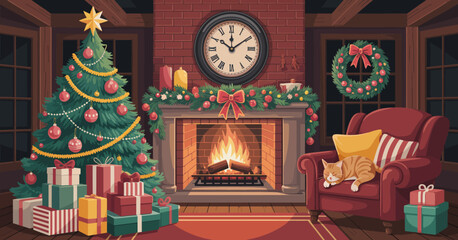 An inviting Christmas scene captures a beautifully adorned tree and a warm fireplace, creating a festive atmosphere perfect for holiday memories and gatherings with loved ones.