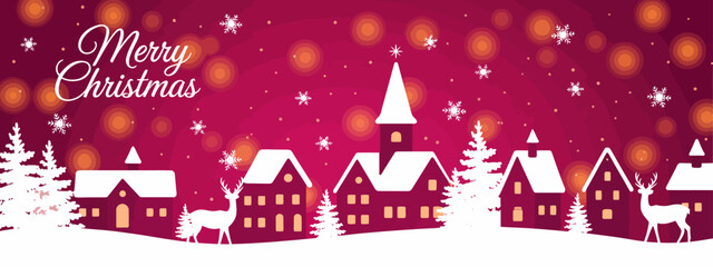 This festive image showcases a picturesque Christmas village adorned with snow, reindeer, and a charming church tower, creating a magical seasonal atmosphere.