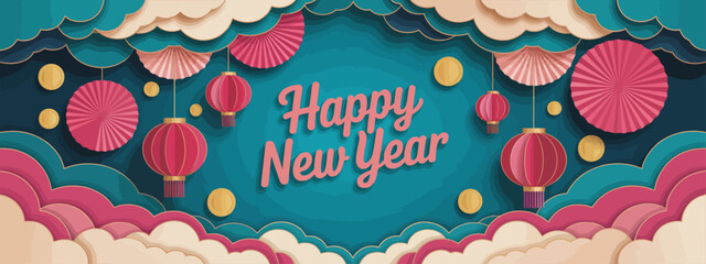 An elegant design expressing Happy New Year, adorned with beautiful lanterns and a colorful cloud background, evoking feelings of joy, warmth, and celebration for the season.
