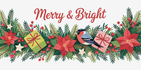 A vibrant holiday-themed design featuring beautiful poinsettias, festive gifts, and charming birds, creating a warm and cheerful Christmas atmosphere for seasonal celebrations.
