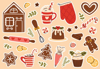 A set of Christmas baking stickers. Gingerbread house, sweets, rolling pin, hot chocolate, gingerbread cookies. Flat vector illustration.